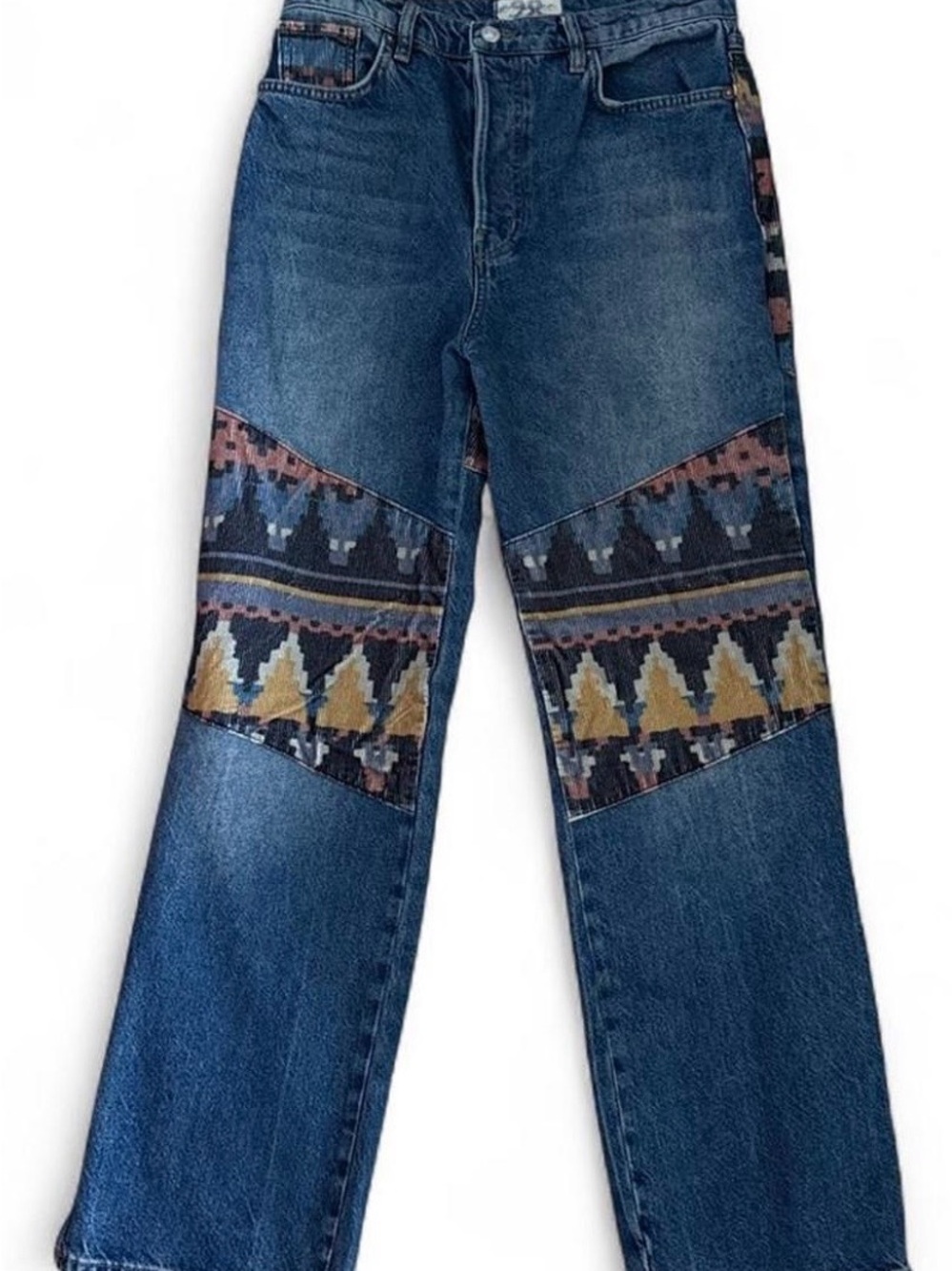Free People Indigo Wide-Leg Jeans with Multicolor Aztec Panels